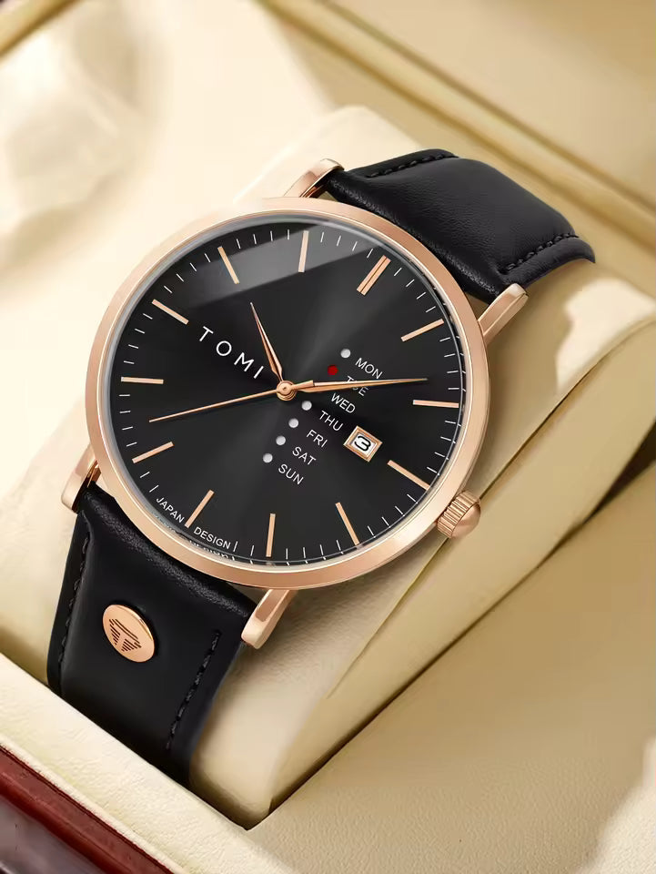 TOMI T-019 watch in Gold-tone Case, Black Strap