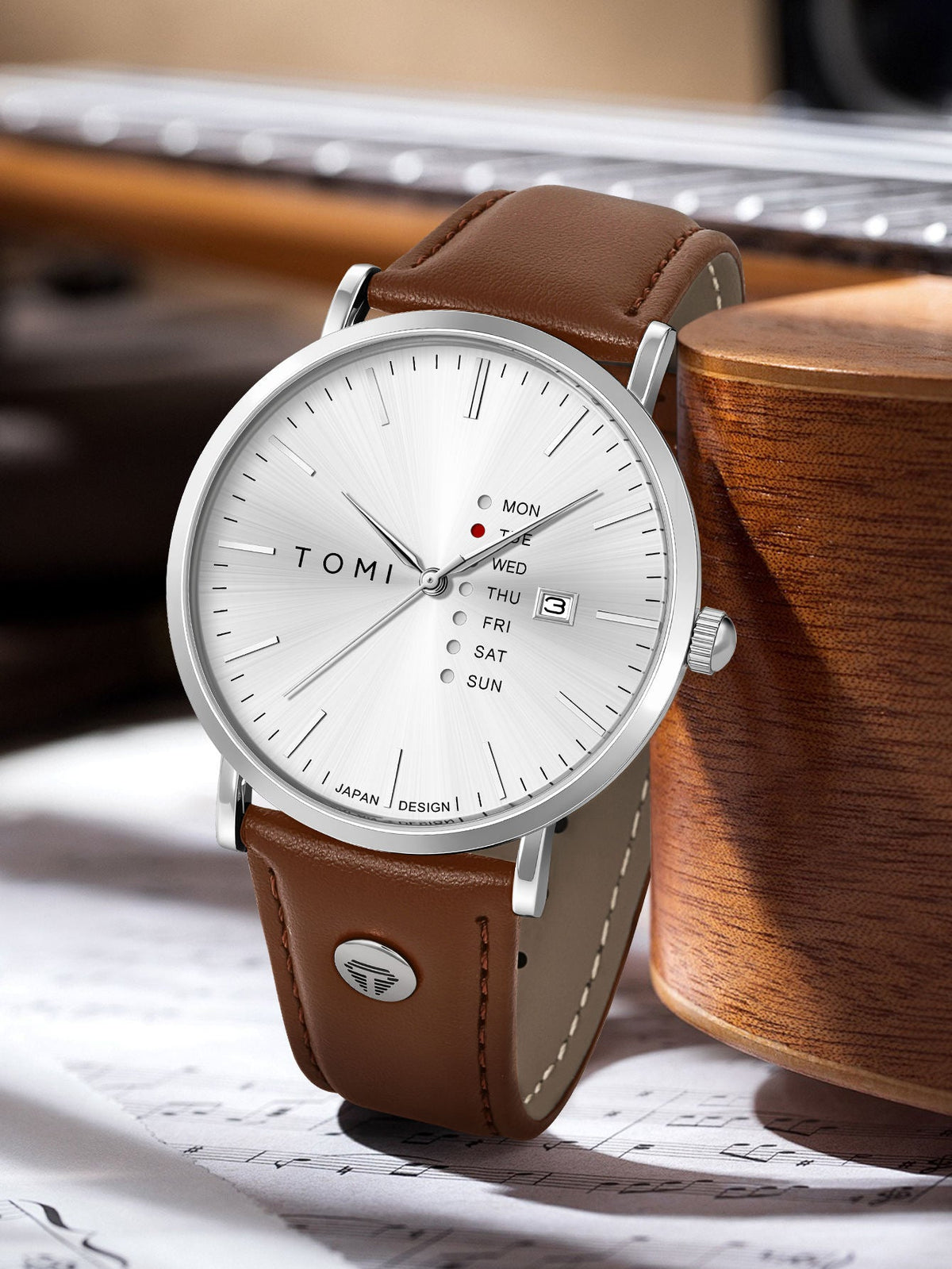 TOMI T-019 watch in Silver-tone Case, Brown Strap