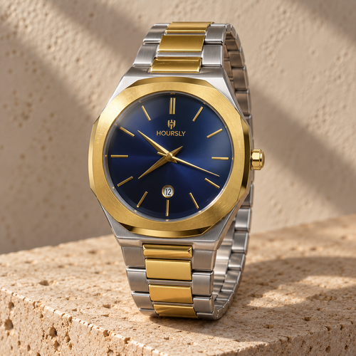 HOURSLY blue sunburst dial with gold logo, gold bezel and silver-and-gold bracelet — stone