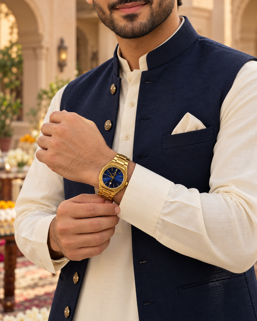 HOURSLY Gold & Blue watch — worn with menswear