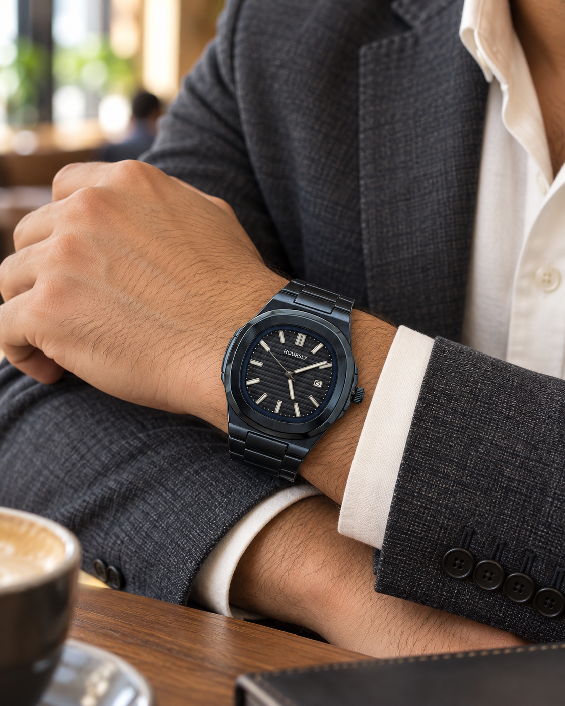 HOURSLY dark navy watch with matching metal bracelet — dark navy wrist