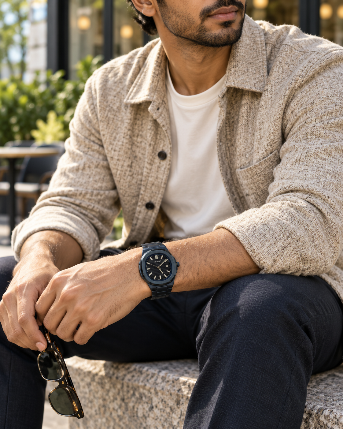 HOURSLY dark navy watch with matching metal bracelet — daytime fashion