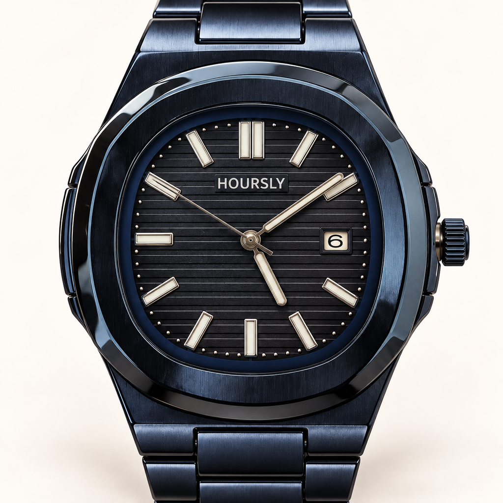 HOURSLY dark navy watch with matching metal bracelet — dial closeup