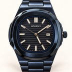 HOURSLY dark navy watch with matching metal bracelet — dial closeup
