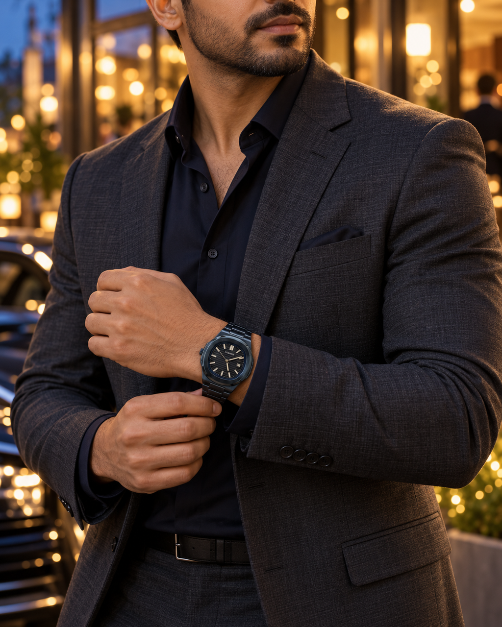 HOURSLY dark navy watch with matching metal bracelet — evening fashion