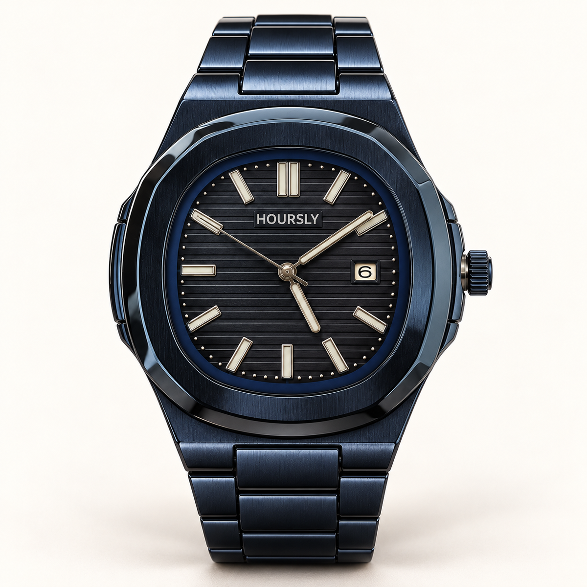 HOURSLY dark navy watch with matching metal bracelet — front