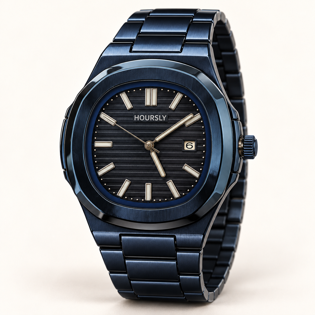 HOURSLY dark navy watch with matching metal bracelet — three quarter