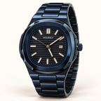 HOURSLY dark navy watch with matching metal bracelet — three quarter