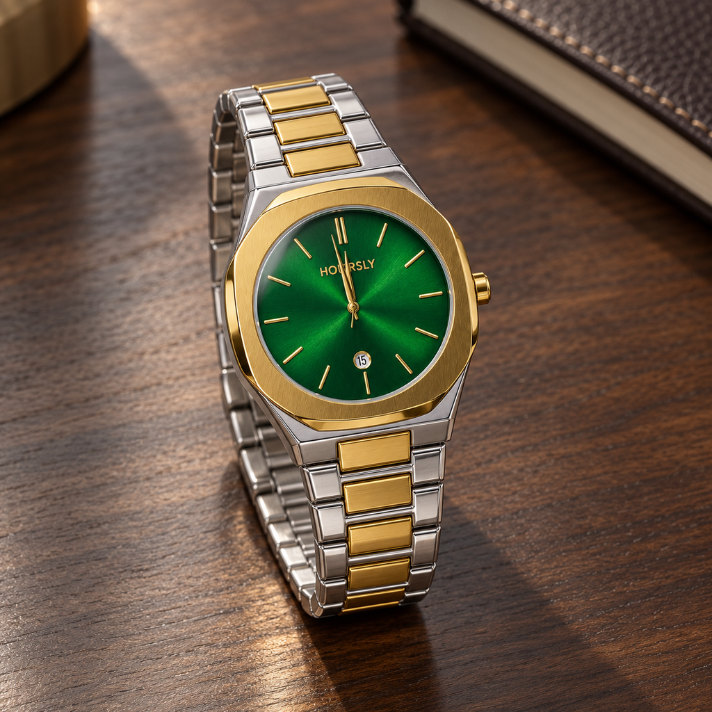 HOURSLY Green & Gold watch — styled desk view
