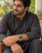 HOURSLY Green & Gold watch — worn with menswear