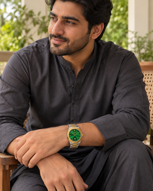 HOURSLY Green & Gold watch — worn with menswear