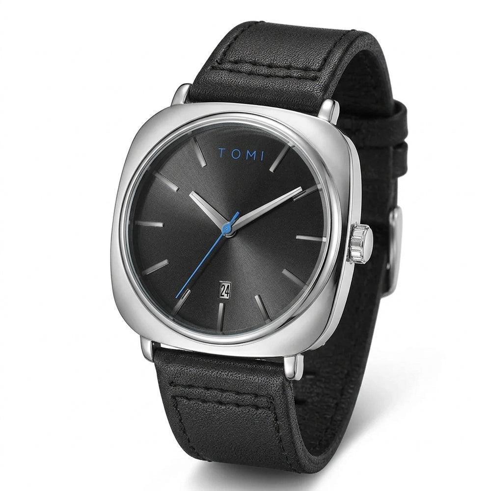 TOMI T-084 Black Silver with black strap — front view