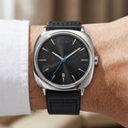 TOMI T-084 Black Silver with black strap — wrist view