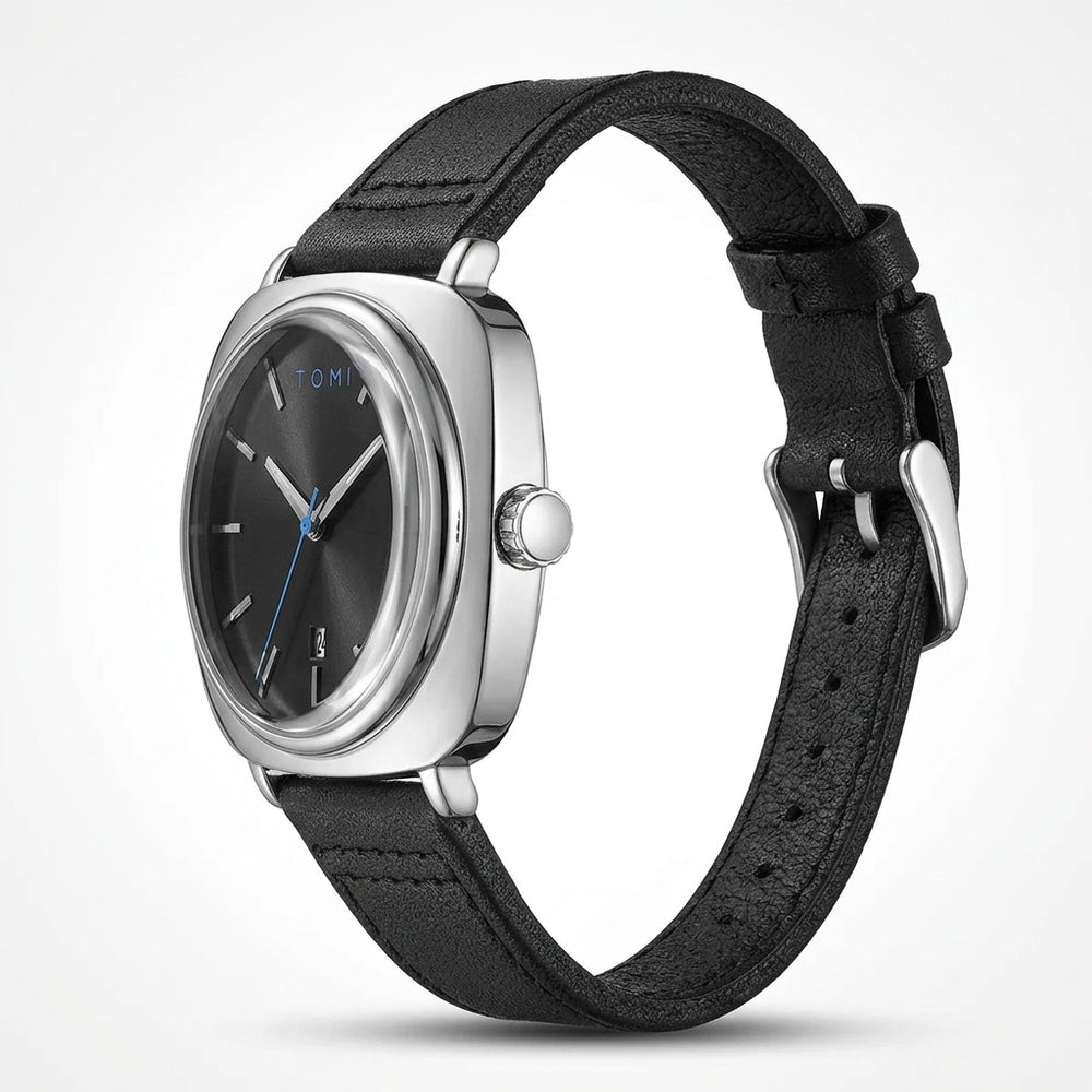 TOMI T-084 Black Silver with black strap — side view
