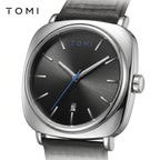 TOMI T-084 Black Silver with black strap — dial detail