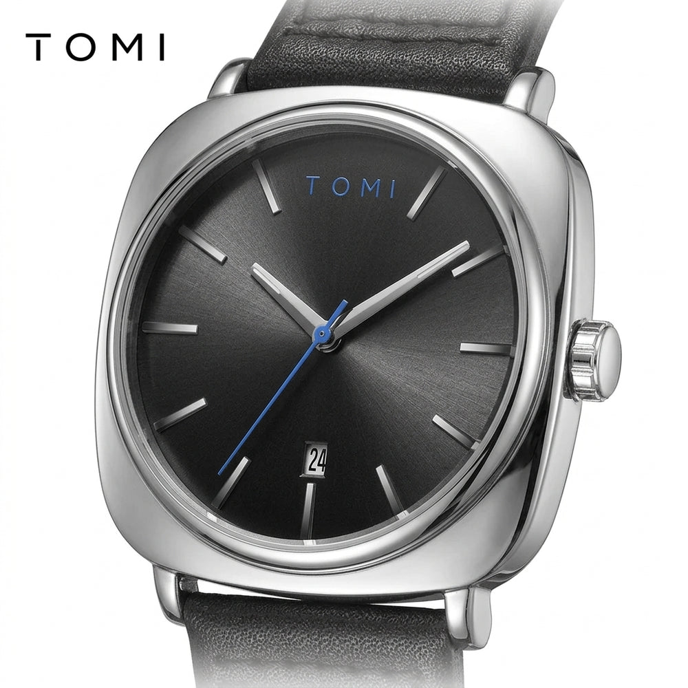 TOMI T-084 Black Silver with black strap — dial detail